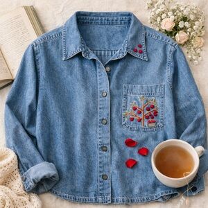 Christopher & Banks Embroidered Denim Shirt Jacket | XL